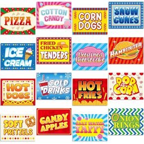 Yeaqee 16 Pieces Carnival Food Signs Cutouts for Classroom Carnival Party Theme Bulletin Board Decor Set Food Truck Signs Corn Dogs Snow Cones Cotton Candy Signs for School Carnival Church Party