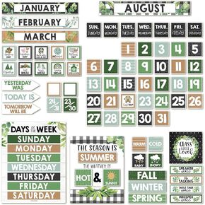 Classroom Calendar Set Bulletin Board Decor – School Calendar for Classroom Elementary & Preschool, Bulletin Board Decorations with Weather Chart & Seasons, Farmhouse Teacher Must Haves