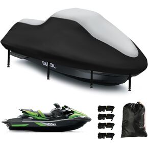 Jetski Covers Waterproof,Upgraded 420D Heavy Duty Jet Ski Personal Watercraft Cover,2 Air Vent Marine Grade UV Resistant for Seadoo,Kawasaki,Waverunner Polaris from 126" to 135"(Black)