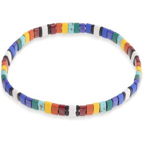 Sonateomber Colorful Tila Flat Beads Stretch Bracelets for Women Girls, Trendy Unique Handmade Stackable Rainbow Mixed Colorful Square Beaded Link Bracelet Summer Jewelry Gift