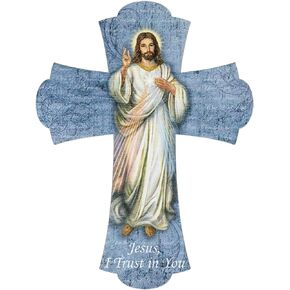 Needzo Jesus I Trust In You Divine Mercy Full Color Wooden Wall Cross, Divina Misericordia Colorful Image, Catholic Religious Decorations for Hanging, 6 Inches