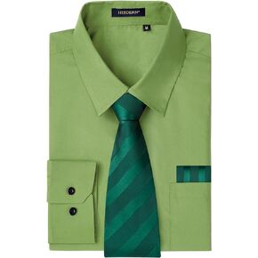 HISDERN Mens Dress Shirt with Tie Pocket Square Set Classic Button Down Shirt Matching Tie Long Sleeve Shirts