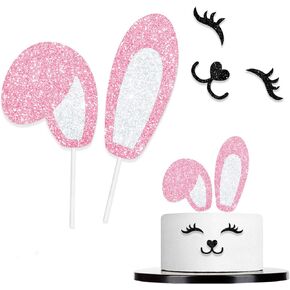 Pink Glitter Bunny Ears Cake Topper Decor Supplies Eyelashes Nose Picks for Easter Rabbit Theme Happy Birthday Spring Easter Party Decorations