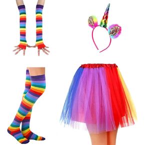Women's Rainbow Long Gloves Socks and 3 Layered Tulle Tutu Skirt with Unicorn Headband Party Accessory Set