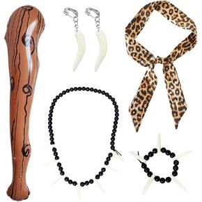 5 Pcs Caveman Costumes Accessories Leopard Headband Necklace Tooth Bone Bracelet Earrings for Stone age Halloween Cosplay