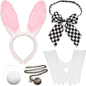 5pcs Easter White Rabbit Costume with Bunny Ears Headband Tail Bow Tie Gloves Pocket Watch Easter Bunny Costume Adult Kids Girl Party Dress Up Accessories
