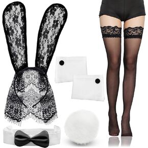 RechicGu Bunny Costume Accessories Set Rabbit Ear Headband, Flurry Rabbit Tail Bow Tie Collar Cuffs for Easter Halloween