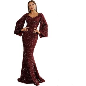 فستان Miss ord نسائي رسمي أنيق مزين بالترتر ورقبة على شكل حرف V للحفلات الراقصة، أكمام طويلة حورية البحر بطول الأرض in Kuwait