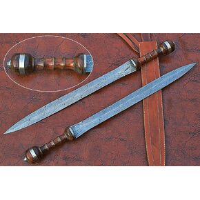 29 inches Long Maximus Gladuis Sword, 21" Long Hand Forged Damascus Steel Double Edge Blade, Hand Crafted Walnut Wood Grip with Brass Spacer, Leather Scabbard with Shoulder Stripe in Kuwait