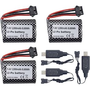 3PCS 2S 15C 7.4V 1200mAh Lithium Battery+3PCS USB Charging Cable for R206 R208 R308 TX122 TX123 H106 2008 RC Boat,Battery with SM-5P Plug