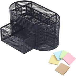Office Supplies Mesh Desktop Organizers with Sticky Notes Pen Holder Pencil Holder for office Desktop Storage for Office School Home Supplies Teacher Student(Black)