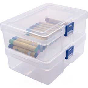 CHILDHOOD 2 Pack of Clear Plastic Clip Box, Crayon box Small Plastic Containers with Lids, Small Modular Supply Case for Office supplies, 6.5 x 4.5 Inches