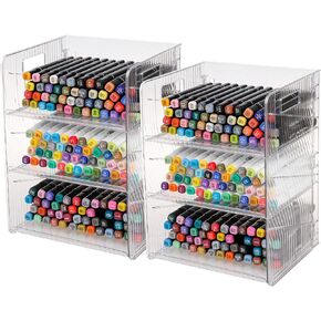 2 Pack Plastic Office Supplies Organizer with Adjustable Trays, 3-Tier Large Desk Caddy for Marker Pens, Pencils, Stationery, Art Crafts, Books, Bathroom Accessories, Makeup Brushes (Clear)