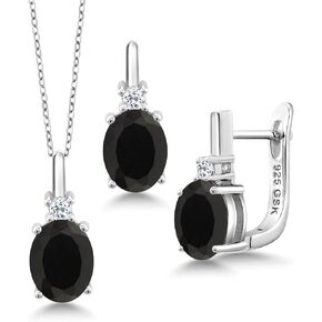 Gem Stone King 925 Sterling Silver Oval Black Onyx and White Topaz Pendant and Earrings Jewelry Set For Women (4.97 Cttw, Gemstone Birthstone, with 18 Inch Silver Chain)