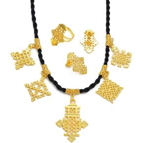 Ethiopian Traditional Jewelry | Eritrean Jewelry for Women Set | Ethiopian African Jewelry Wedding Sets Includes Cross Pendant Black Rope Earrings Ring Sets African Eritrean Religion