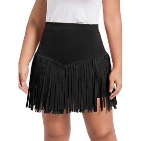 Women Plus Size Fringe Cowgirl Mini Skirt - Western Country Concert Rodeo Outfit High Waisted Tassel Boho Bottoms