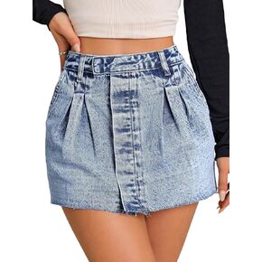 WDIRARA Women's High Waisted Pleated Raw Hem Button Mini Denim Skirt with Pockets