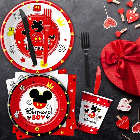 أدوات مائدة لتزيين عيد الميلاد الثالث من ميكي - أطباق ومناديل عيد الميلاد الثالث من ميكي، مستلزمات حفلات الصبي، طبق، منديل، كوب، أدوات مائدة، ديكورات طاولة عيد ميلاد ميكي بعمر ثلاث سنوات | 24 ضيف in Kuwait