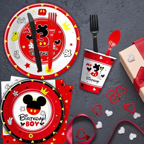أدوات مائدة لتزيين عيد الميلاد الثالث من ميكي - أطباق ومناديل عيد الميلاد الثالث من ميكي، مستلزمات حفلات الصبي، طبق، منديل، كوب، أدوات مائدة، ديكورات طاولة عيد ميلاد ميكي بعمر ثلاث سنوات | 24 ضيف in Kuwait