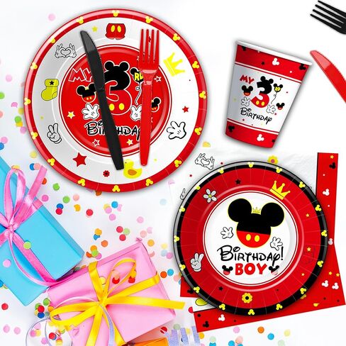 أدوات مائدة لتزيين عيد الميلاد الثالث من ميكي - أطباق ومناديل عيد الميلاد الثالث من ميكي، مستلزمات حفلات الصبي، طبق، منديل، كوب، أدوات مائدة، ديكورات طاولة عيد ميلاد ميكي بعمر ثلاث سنوات | 24 ضيف in Kuwait