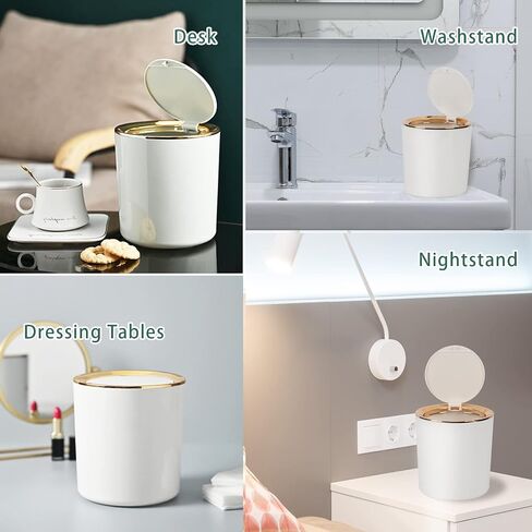 Small Desktop Trash Can with Lid,Mini Countertop Trash Can,Round Plastic Wastebasket for Bathroom,Bedroom,Kitchen,Office,Car(White) in Saudi Arabia