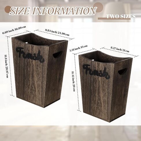 2 Pcs Farmhouse Bathroom Wood Trash Can, 2 Sizes Rustic Square Wastebasket Bin with Convenient Handle for Bathroom, Kitchen, Bedroom, Office(Dark Brown) in Saudi Arabia