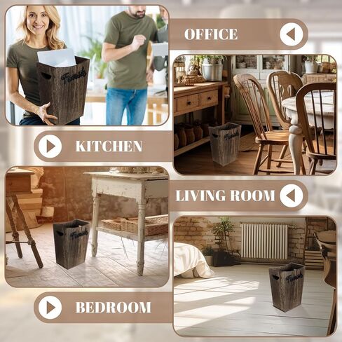 2 Pcs Farmhouse Bathroom Wood Trash Can, 2 Sizes Rustic Square Wastebasket Bin with Convenient Handle for Bathroom, Kitchen, Bedroom, Office(Dark Brown) in Saudi Arabia