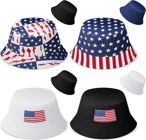 4 Pieces Bucket Hat American Flag and Solid Color Reversible Bucket Hats Double Side Wear Patriotic Bucket Hat Cotton Packable Fisherman Hat Summer Hat for Men Women Labor in Saudi Arabia
