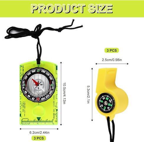 3 قطع بوصلة للمشي لمسافات طويلة مع 3 قطع صفارات تخييم 2 في 1 مع حبل، بوصلة توجيه احترافية لقراءة الخرائط، بوصلة كشفية للأطفال والكبار في حالات الطوارئ والمشي لمسافات طويلة على الظهر in Kuwait