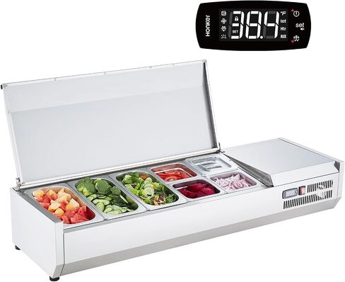VEVOR E55TW-G, 140 W Countertop Refrigerated Condiment Station, with 3 1/3 4 1/6 Pans, 304 Body and PC Lid, Sandwich Prep Table Guard, ETL, Stainless 55in, Silver in Saudi Arabia