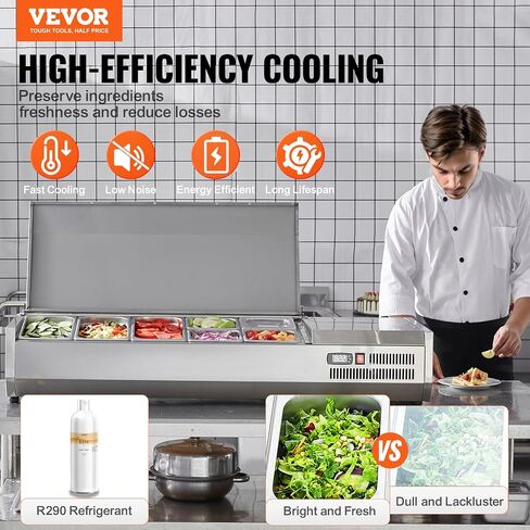 VEVOR E55TW-G, 140 W Countertop Refrigerated Condiment Station, with 3 1/3 4 1/6 Pans, 304 Body and PC Lid, Sandwich Prep Table Guard, ETL, Stainless 55in, Silver in Saudi Arabia