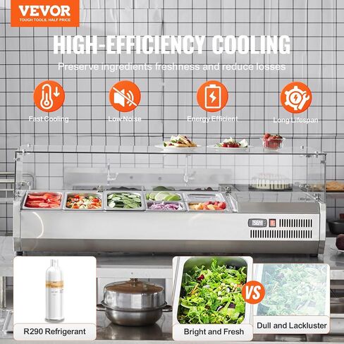 VEVOR E55TW-G, 140 W Countertop Refrigerated Condiment Station, with 3 1/3 4 1/6 Pans, 304 Body and PC Lid, Sandwich Prep Table Guard, ETL, Stainless 55in, Silver in Saudi Arabia