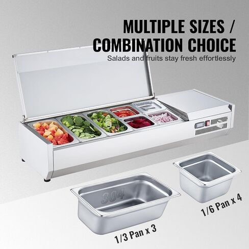 VEVOR E55TW-G, 140 W Countertop Refrigerated Condiment Station, with 3 1/3 4 1/6 Pans, 304 Body and PC Lid, Sandwich Prep Table Guard, ETL, Stainless 55in, Silver in Saudi Arabia