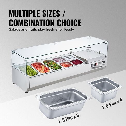 VEVOR E55TW-G, 140 W Countertop Refrigerated Condiment Station, with 3 1/3 4 1/6 Pans, 304 Body and PC Lid, Sandwich Prep Table Guard, ETL, Stainless 55in, Silver in Saudi Arabia