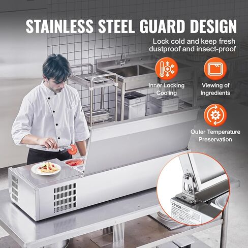VEVOR E55TW-G, 140 W Countertop Refrigerated Condiment Station, with 3 1/3 4 1/6 Pans, 304 Body and PC Lid, Sandwich Prep Table Guard, ETL, Stainless 55in, Silver in Saudi Arabia