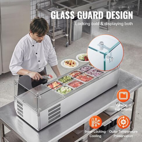 VEVOR E55TW-G, 140 W Countertop Refrigerated Condiment Station, with 3 1/3 4 1/6 Pans, 304 Body and PC Lid, Sandwich Prep Table Guard, ETL, Stainless 55in, Silver in Saudi Arabia