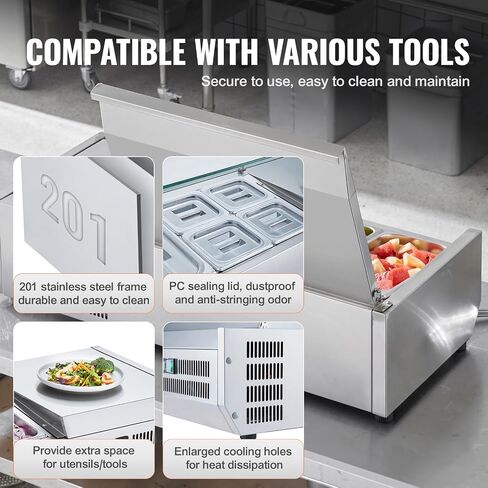 VEVOR E55TW-G, 140 W Countertop Refrigerated Condiment Station, with 3 1/3 4 1/6 Pans, 304 Body and PC Lid, Sandwich Prep Table Guard, ETL, Stainless 55in, Silver in Saudi Arabia