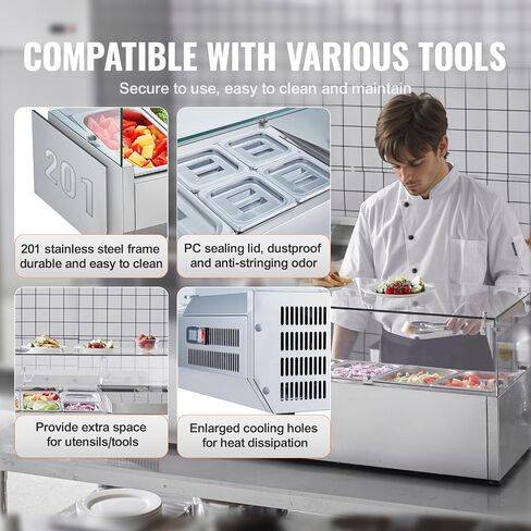 VEVOR E55TW-G, 140 W Countertop Refrigerated Condiment Station, with 3 1/3 4 1/6 Pans, 304 Body and PC Lid, Sandwich Prep Table Guard, ETL, Stainless 55in, Silver in Saudi Arabia