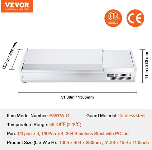VEVOR E55TW-G, 140 W Countertop Refrigerated Condiment Station, with 3 1/3 4 1/6 Pans, 304 Body and PC Lid, Sandwich Prep Table Guard, ETL, Stainless 55in, Silver in Saudi Arabia