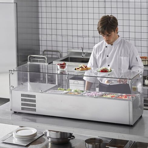 VEVOR E55TW-G, 140 W Countertop Refrigerated Condiment Station, with 3 1/3 4 1/6 Pans, 304 Body and PC Lid, Sandwich Prep Table Guard, ETL, Stainless 55in, Silver in Saudi Arabia