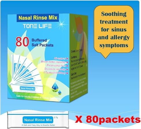 TONELIFE 80 قطعة من عبوات محلول ملحي للعناية بالأنف + 2 بخاخ أنف - ملح الأنف 2.7 جم لكل كيس | مجموعة إعادة الملء | 80 علبة ملح مخزنة | ل 300 مللي 500 مللي طقم شطف الجيوب الأنفية-منظف الأنف-زجاجة غسيل الأنف in Kuwait