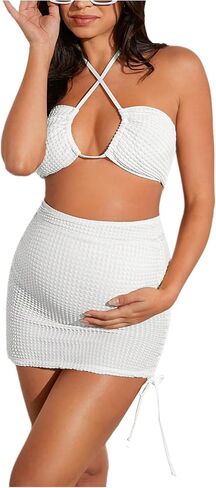 SHENHE Women's Maternity 3 Pieces Swimsuits High Waisted Halter Bikini Set with Cover Up Skirt in Saudi Arabia