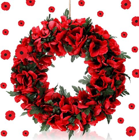 Memorial Day Poppy Wreath 12.6'' Artificial Spring Summer Wreaths with Poppy Flowers Green Leaves Front Door Floral Wreath for Outdoor Indoor Home Farmhouse Independence Day Veterans Day Decor in Saudi Arabia