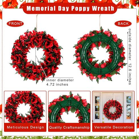 Memorial Day Poppy Wreath 12.6'' Artificial Spring Summer Wreaths with Poppy Flowers Green Leaves Front Door Floral Wreath for Outdoor Indoor Home Farmhouse Independence Day Veterans Day Decor in Saudi Arabia