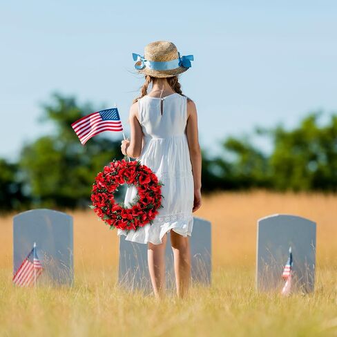 Memorial Day Poppy Wreath 12.6'' Artificial Spring Summer Wreaths with Poppy Flowers Green Leaves Front Door Floral Wreath for Outdoor Indoor Home Farmhouse Independence Day Veterans Day Decor in Saudi Arabia
