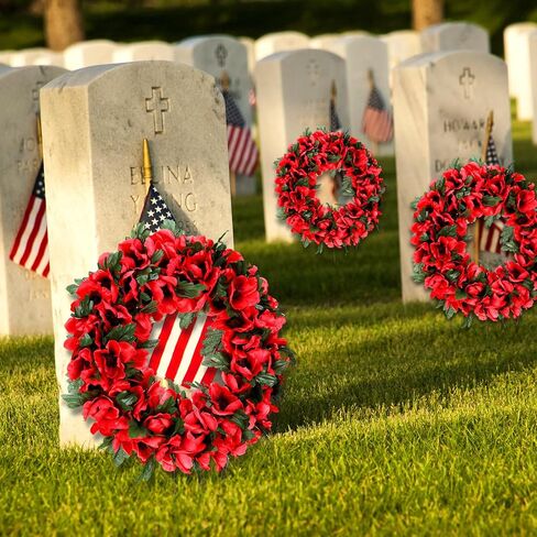 Memorial Day Poppy Wreath 12.6'' Artificial Spring Summer Wreaths with Poppy Flowers Green Leaves Front Door Floral Wreath for Outdoor Indoor Home Farmhouse Independence Day Veterans Day Decor in Saudi Arabia