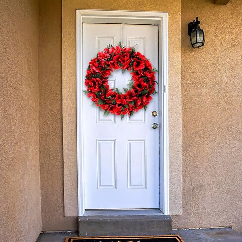 Memorial Day Poppy Wreath 12.6'' Artificial Spring Summer Wreaths with Poppy Flowers Green Leaves Front Door Floral Wreath for Outdoor Indoor Home Farmhouse Independence Day Veterans Day Decor in Saudi Arabia