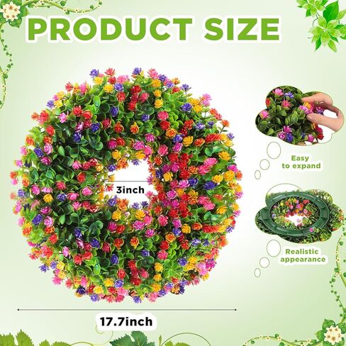 إكليل الباب الربيعي إكليل الباب الصيفي 17.7 بوصة إكليل الزهور أكاليل الزهور الاصطناعية لتزيين الباب الأمامي إكليل الزهور الخضراء للخارجية والداخلية وحفلات الصيف في المنزل in Kuwait