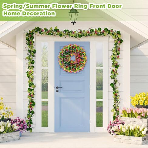 إكليل الباب الربيعي إكليل الباب الصيفي 17.7 بوصة إكليل الزهور أكاليل الزهور الاصطناعية لتزيين الباب الأمامي إكليل الزهور الخضراء للخارجية والداخلية وحفلات الصيف في المنزل in Kuwait