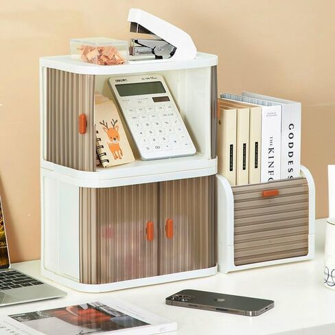 صندوق تخزين سطح المكتب Oneshow، منظم سطح المكتب، صندوق تخزين مستحضرات التجميل والعناية بالبشرة، تخزين اللوازم المكتبية، بلاستيكي قابل للطي، صندوق تخزين قابل للتكديس (عبوة واحدة) in Kuwait